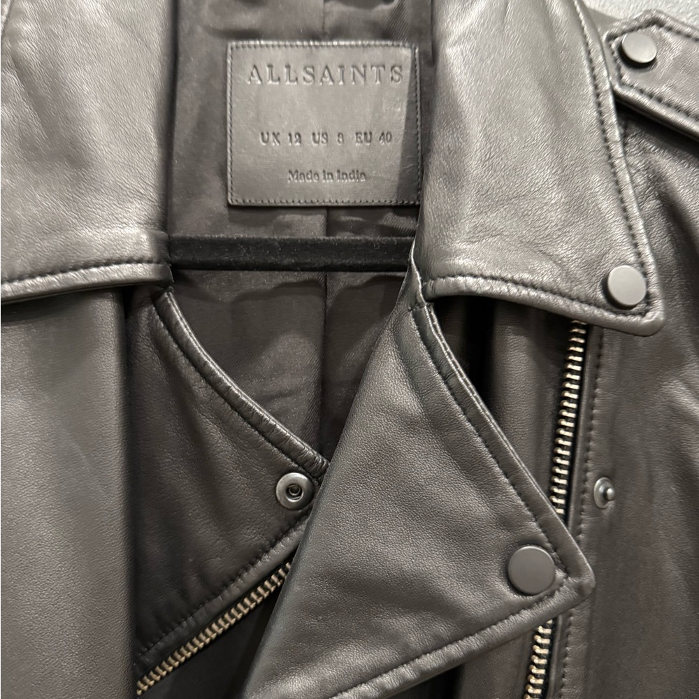 All Saints Charcoal Leather Moto Jacket - Picture 2 of 3